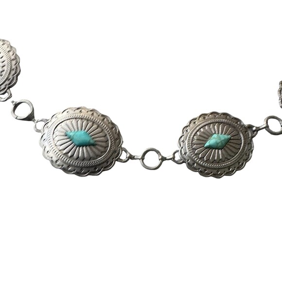 Vintage 90s Western Womens Silver Turquoise diamond Concho Chain Belt M L 39\